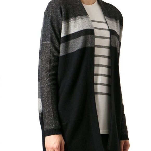 Vince Variegated Stripe Oversized Cardigan Top Wool/Cashmere Black/Gray M 1457 - Picture 1 of 4